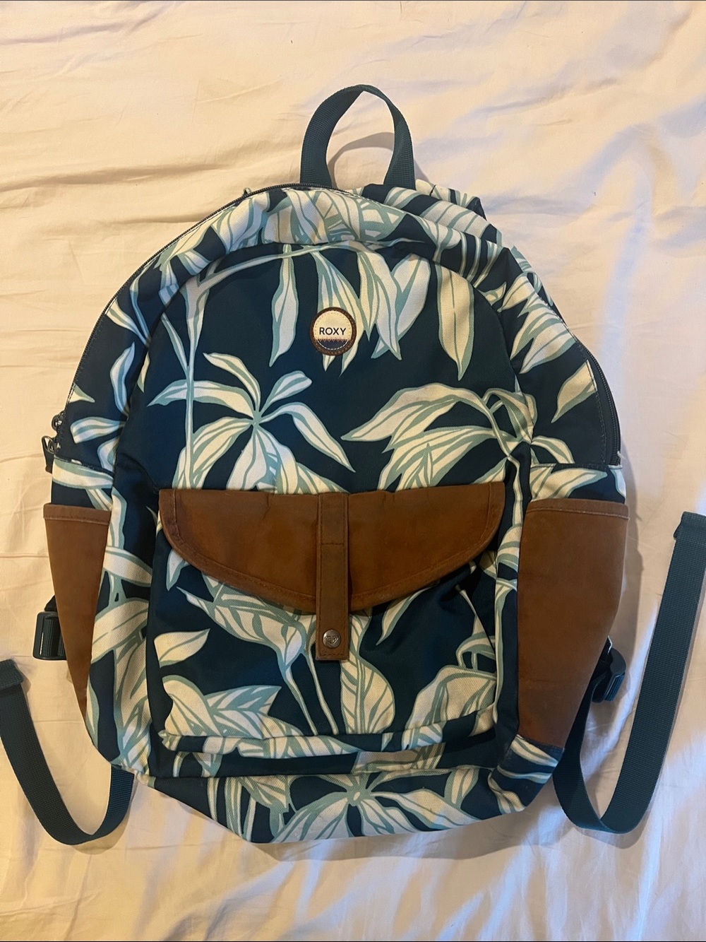 Roxy Navy/Teal Tropical Leaf Backpack with Brown Accents
